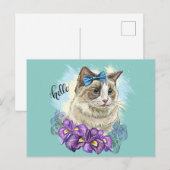 手描きの可愛い猫と花のイラストのコピー ポストカード (正面/裏面)