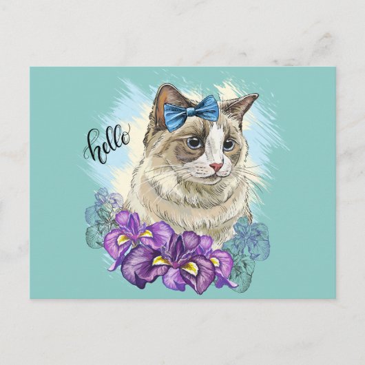 手描きの可愛い猫と花のイラストのコピー ポストカード (正面)