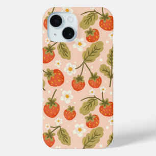 手描きの可愛い赤いイチゴのシームレスパターン iPhone 15ケース