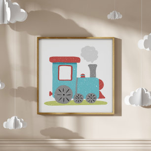 手描きの可愛らしい電車の子供部屋アート ポスター