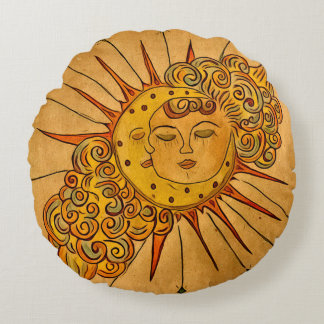 手描きの天体の太陽と月 ラウンドクッション
