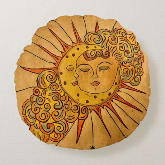手描きの天体の太陽と月 ラウンドクッション (正面)