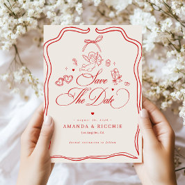 手描きの天使 ビンテージ風キューピッド 赤 レトロな結婚式 セーブザデート