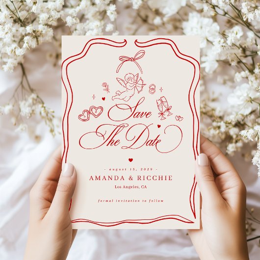 手描きの天使 ビンテージ風キューピッド 赤 レトロな結婚式 セーブザデート