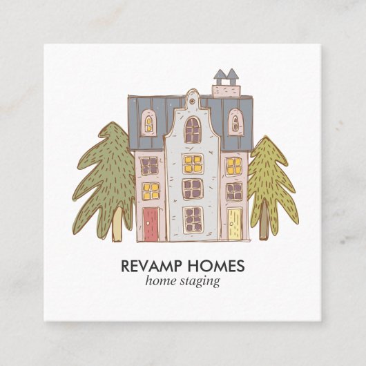 手描きの家の足場の名刺 スクエア名刺 (正面)