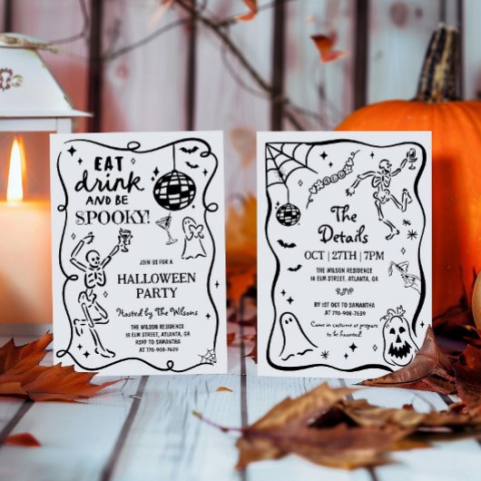 手描きの幻想的なスケルトン 怖いハロウィン 招待状
