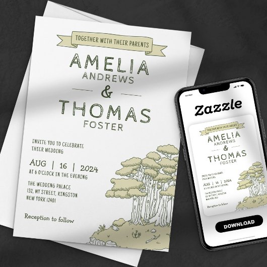 手描きの幻想的な森のウェディング 招待状