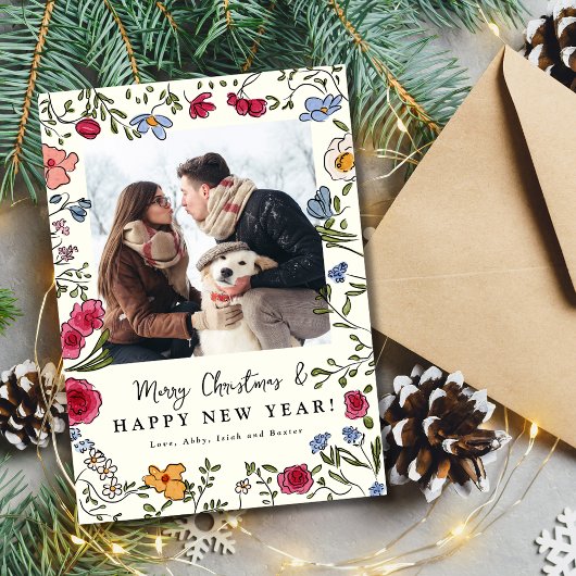 手描きの幻想的な花のホリデー フォト カード