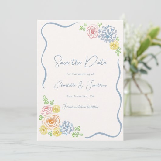 手描きの幻想的な花の淡いパステルウェディング セーブザデート (スタンド正面)
