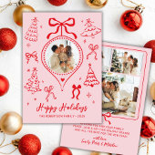 手描きの弓の写真 ピンクと赤いクリスマスの幸せ シーズンカード