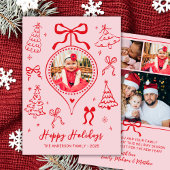 手描きの弓の写真 ピンクと赤のクリスマスの幸せ シーズンカード