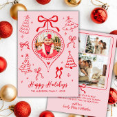 手描きの弓の写真 ピンクと赤のクリスマスの幸せ シーズンカード