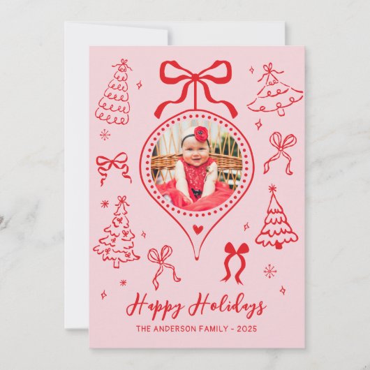 手描きの弓の写真 ピンクと赤のクリスマスの幸せ シーズンカード (正面)