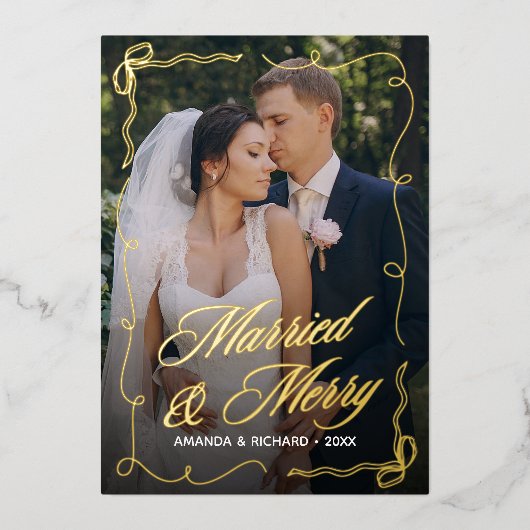 手描きの弓フレーム 結婚 おめでとう 新婚 フォト 箔シーズンカード (正面)
