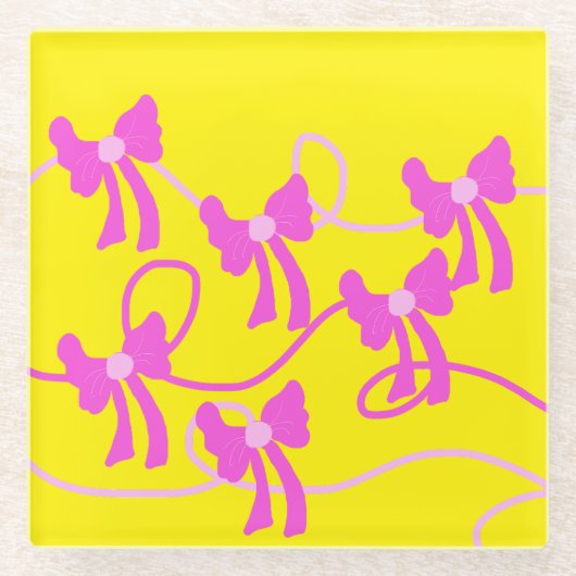 手描きの弓 ピンク＋イエロー ラバーズ ガラスコースター (正面)