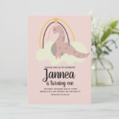 手描きの恐竜 レインボー バースデーパーティー ピンク イン 招待状 (スタンド正面)