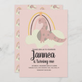 手描きの恐竜 レインボー バースデーパーティー ピンク 招待状 (正面/裏面)