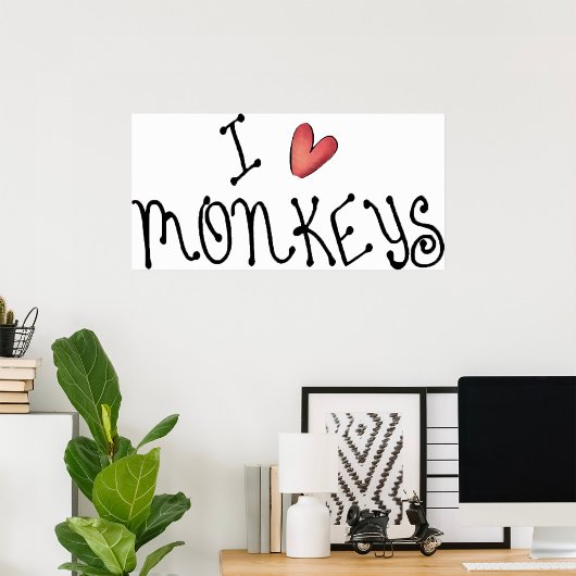 手描きの愛らしいタイポグラフィーで「I Love Monkeys」と書かれたポスター ポスター