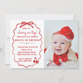 手描きの愛らしいチェリーオントップ写真 招待状 (正面)