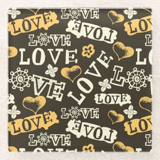 手描きの愛パターン ガラスコースター (正面)