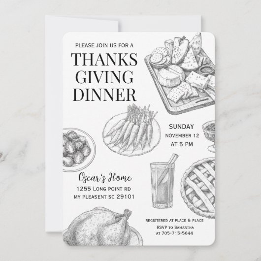 手描きの感謝祭ディナーのお誘い 🌾 招待状 (正面)
