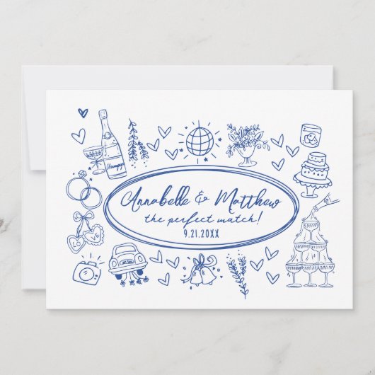 手描きの手書きの青い結婚式の遊び心あるデザイン 招待状 (正面)