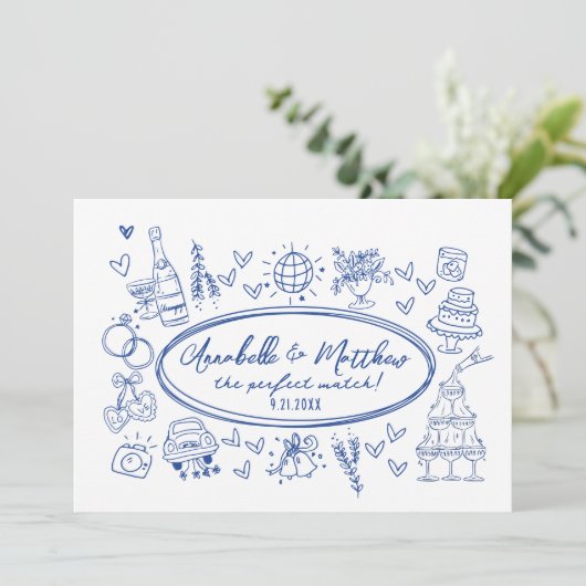 手描きの手書きの青い結婚式の遊び心あるデザイン 招待状 (スタンド正面)