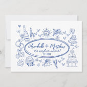 手描きの手書きの青い遊び心のあるウェディング 招待状 (正面)