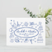 手描きの手書きの青い遊び心のあるウェディング 招待状 (スタンド正面)