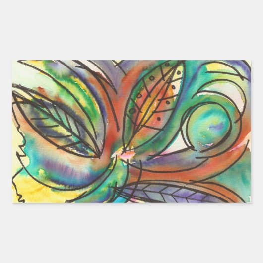 手描きの抽象的な水彩花アート 長方形シール (正面)