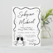 手描きの曲線がかった遊び心のある白黒の結婚式 招待状 (スタンド正面)