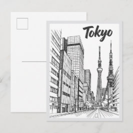 手描きの東京の街並みのランドマーク ポストカード