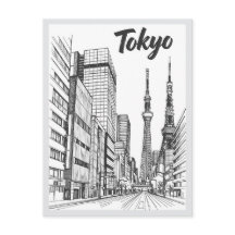 手描きの東京の街並みのランドマーク