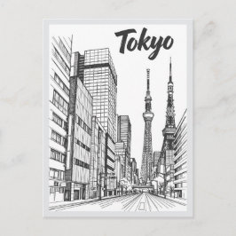 手描きの東京の街並みのランドマーク ポストカード