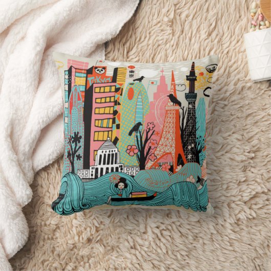 手描きの東京日本 クッション (ブランケット)