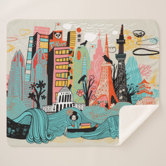 手描きの東京日本 シェルパブランケット (正面(横))