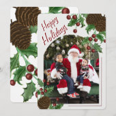 手描きの松かさとヒイラギのクリスマスフォトカード シーズンカード (正面/裏面)