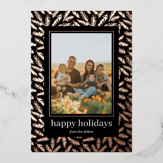 手描きの松のフレームホイル ホリデー写真カード 箔シーズンカード (正面)