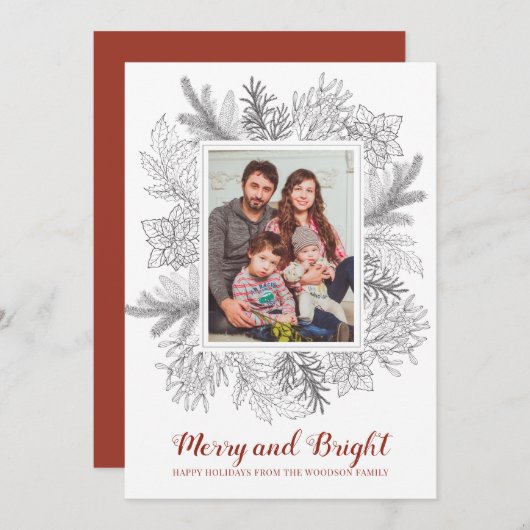 手描きの松の枝、ポインセチア、冬の実をフィーチャーした、素朴で明るいクリスマスの写真カード
 (正面/裏面)