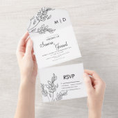 手描きの枝の葉　白黒　ウェディング　 オールインワン招待状 (貼ってはがせる)