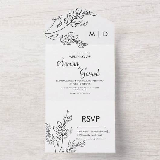 手描きの枝の葉　白黒　結婚式 オールインワン招待状 (内側)