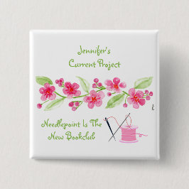 手描きの桜の花の刺繍スクエア 缶バッジ