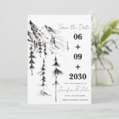 手描きの森と山のデスティネーションウェディング セーブザデート (スタンド正面)