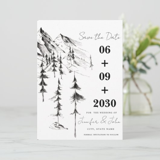 手描きの森と山のデスティネーションウェディング セーブザデート (スタンド正面)