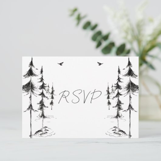 手描きの森と山のデスティネーションウェディング 出欠カード (スタンド正面)