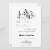 手描きの森と山の目的地の結婚式 招待状 (正面/裏面)