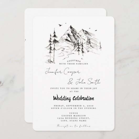 手描きの森と山の目的地の結婚式 招待状 (正面/裏面)