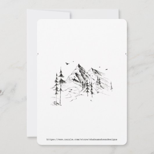 手描きの森と山の目的地の結婚式 招待状 (裏面)