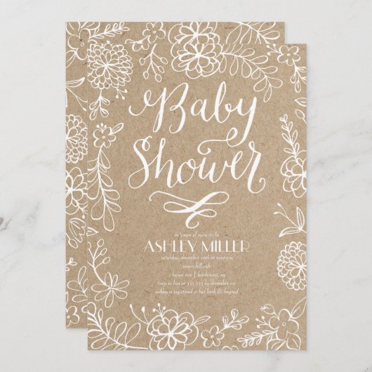 手描きの植物が可愛らしいクラフト紙風デザイン | ベビーシャワー 招待状 (正面/裏面)