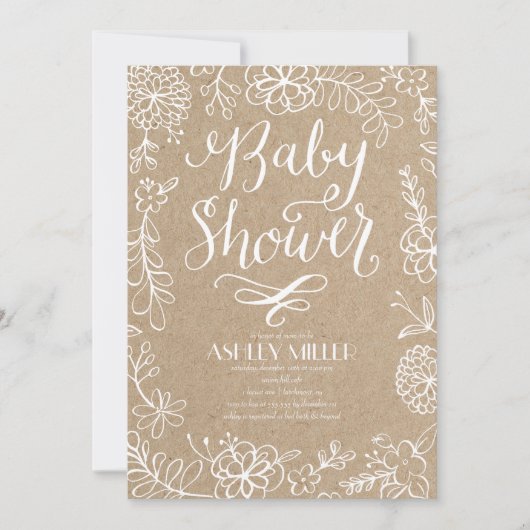 手描きの植物が可愛らしいクラフト紙風 | ベビーシャワー 招待状 (正面)